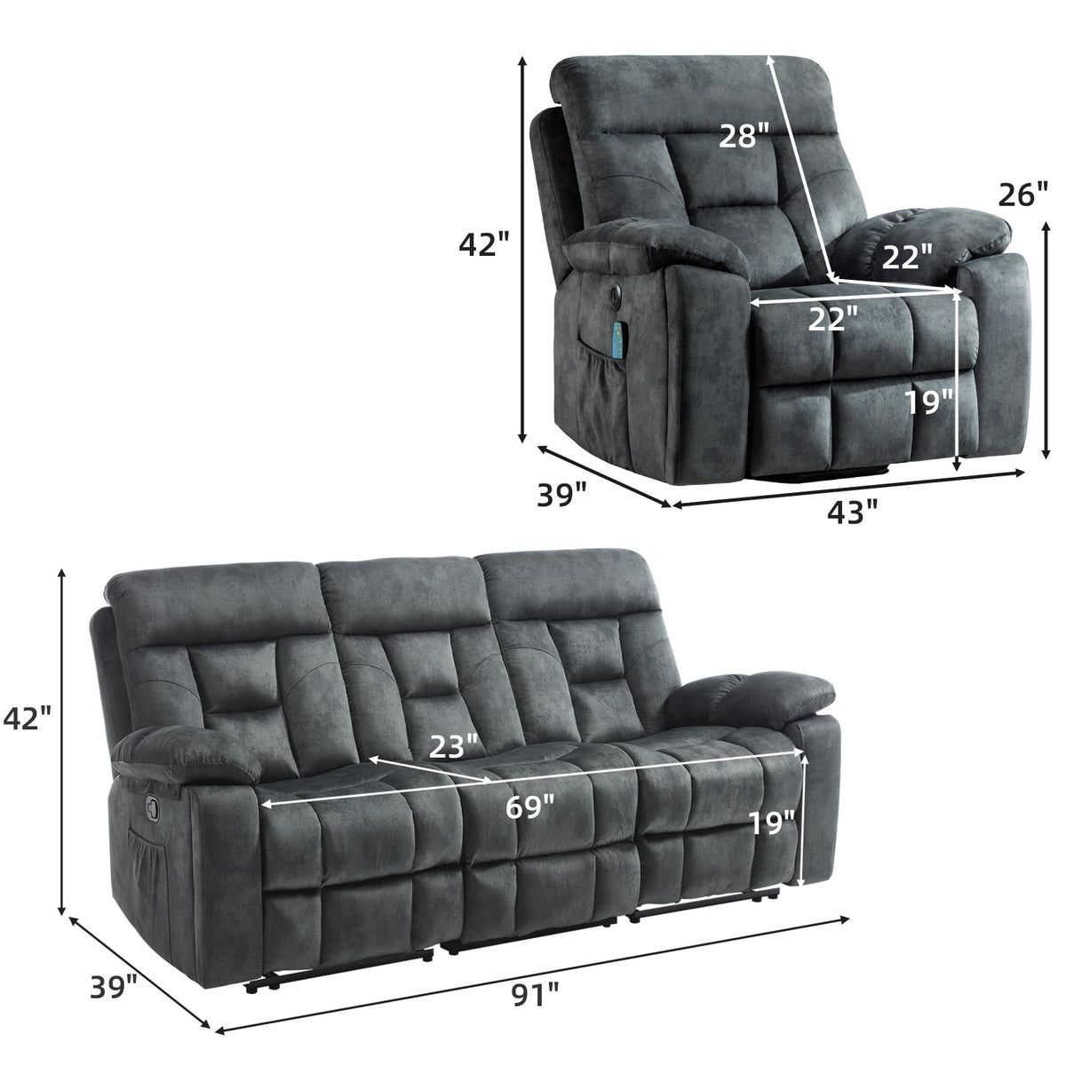 EBELLO 2 Piece Reclining Living Room Set, Soft Fabric Recliner Sofa Furniture Set, Included Power Lift Recliner Chair with Massage and Heat and 3 Seat Sofa, Dark Greenish-Grey