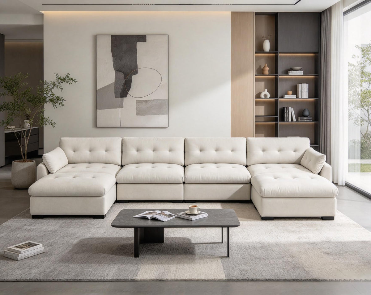VANOMi Cloud Sectional U-Shaped Couch, 141" W Chenille Modular Sofa, Beige