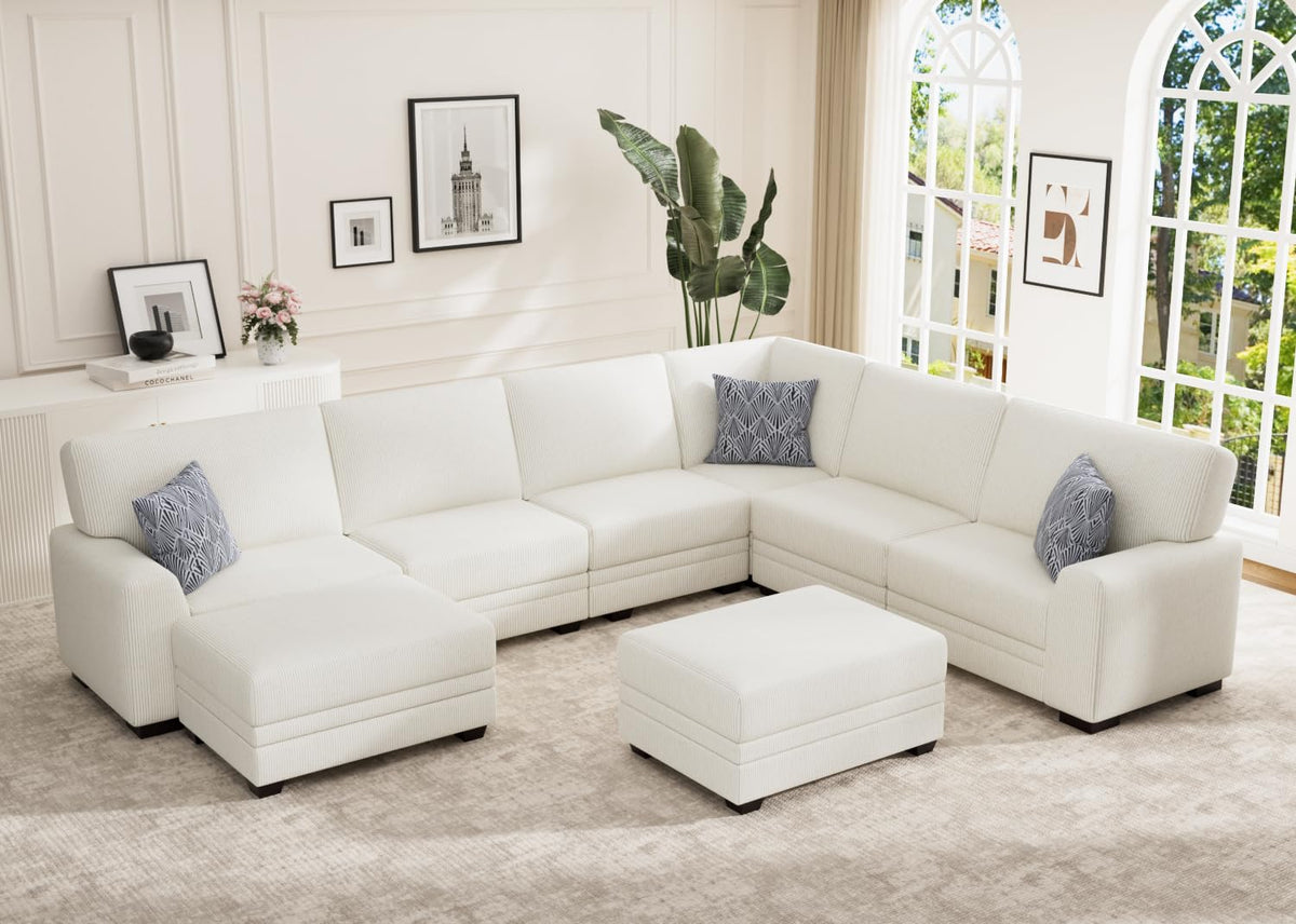 Wanderwell Oversized Modular Sectional Sofa, 6-Seater U Shaped Couches with Movable Ottoman,Corduroy Sectional Couch with Wide and Deep Seats Suitable for Living Room,Bedroom,Apartment (Olive, L-7)