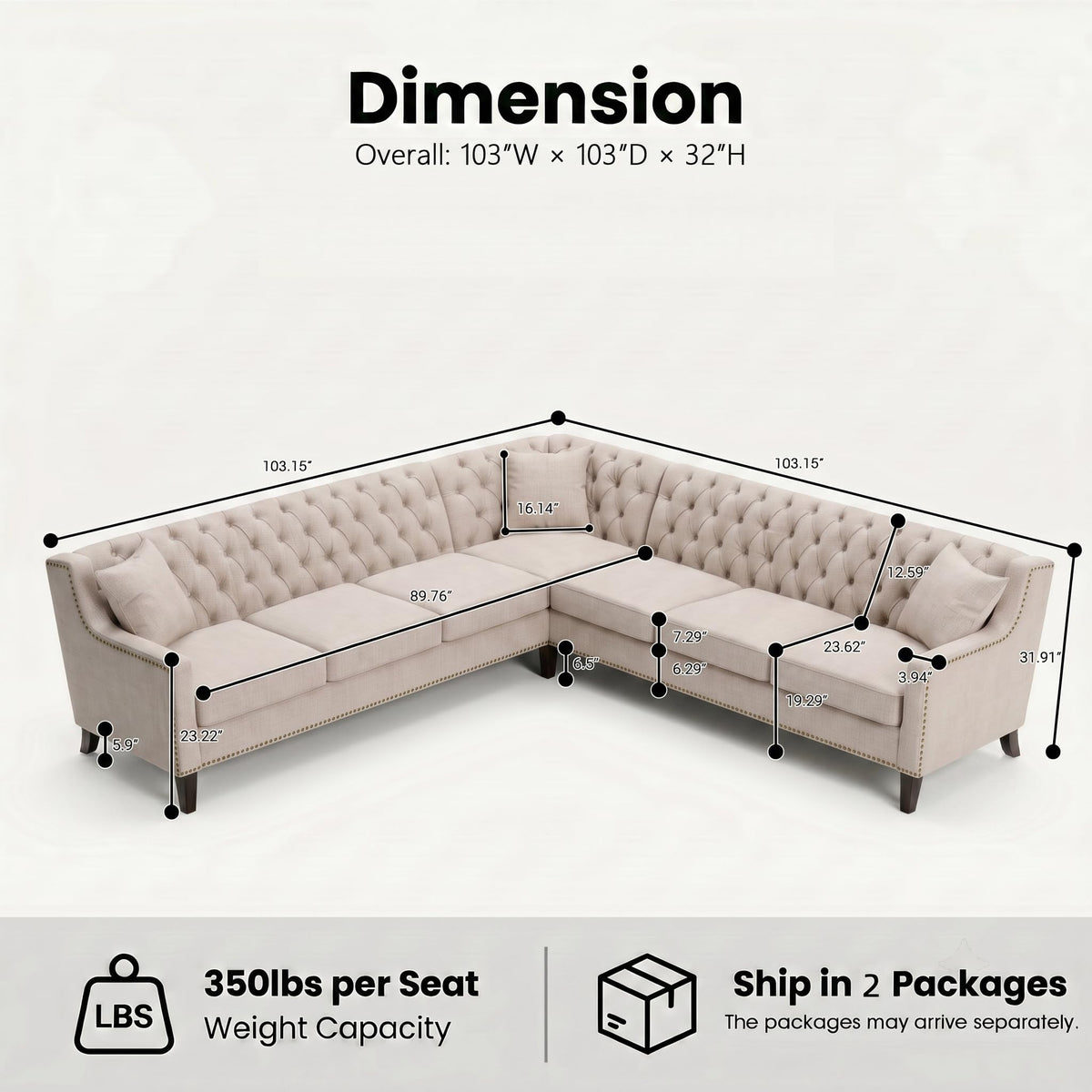 103" X 103" 7 Seat Corner Sofa L Shaped Couch Chenille Sectional Couch with Three Pillows Tufted Backrest Chesterfield L Shaped Sofa Sectional Couches for Living Room Office, Restaurant, Bar Beige