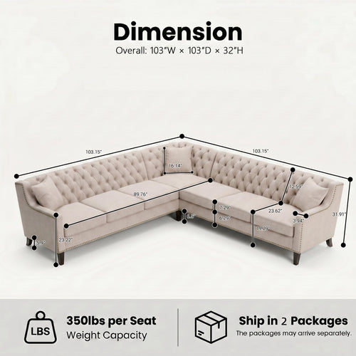 103" X 103" 7 Seat Corner Sofa L Shaped Couch Chenille Sectional Couch with Three Pillows Tufted Backrest Chesterfield L Shaped Sofa Sectional Couches for Living Room Office, Restaurant, Bar Beige