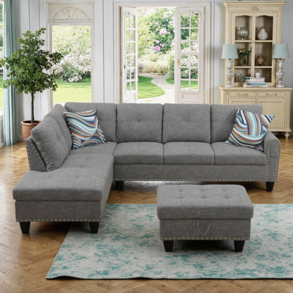 97.5" L Shaped Couches for Living Room, Sectional Couch Living Room Furniture with Storage Ottoman, Modular Sectional Sofa with Movable Chaise for Apartment Office, Grey