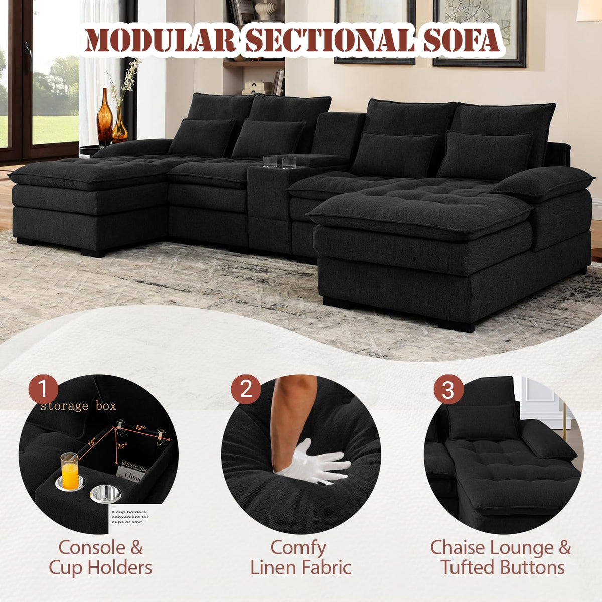 130" U-Shaped Modular Sectional Sofa, Oversized Cloud Couches with Storage Console & Cup Holders, Linen Sofa with Chaise/Pillows, 6-Seater Deep Seat Couches for Living Room (Black)
