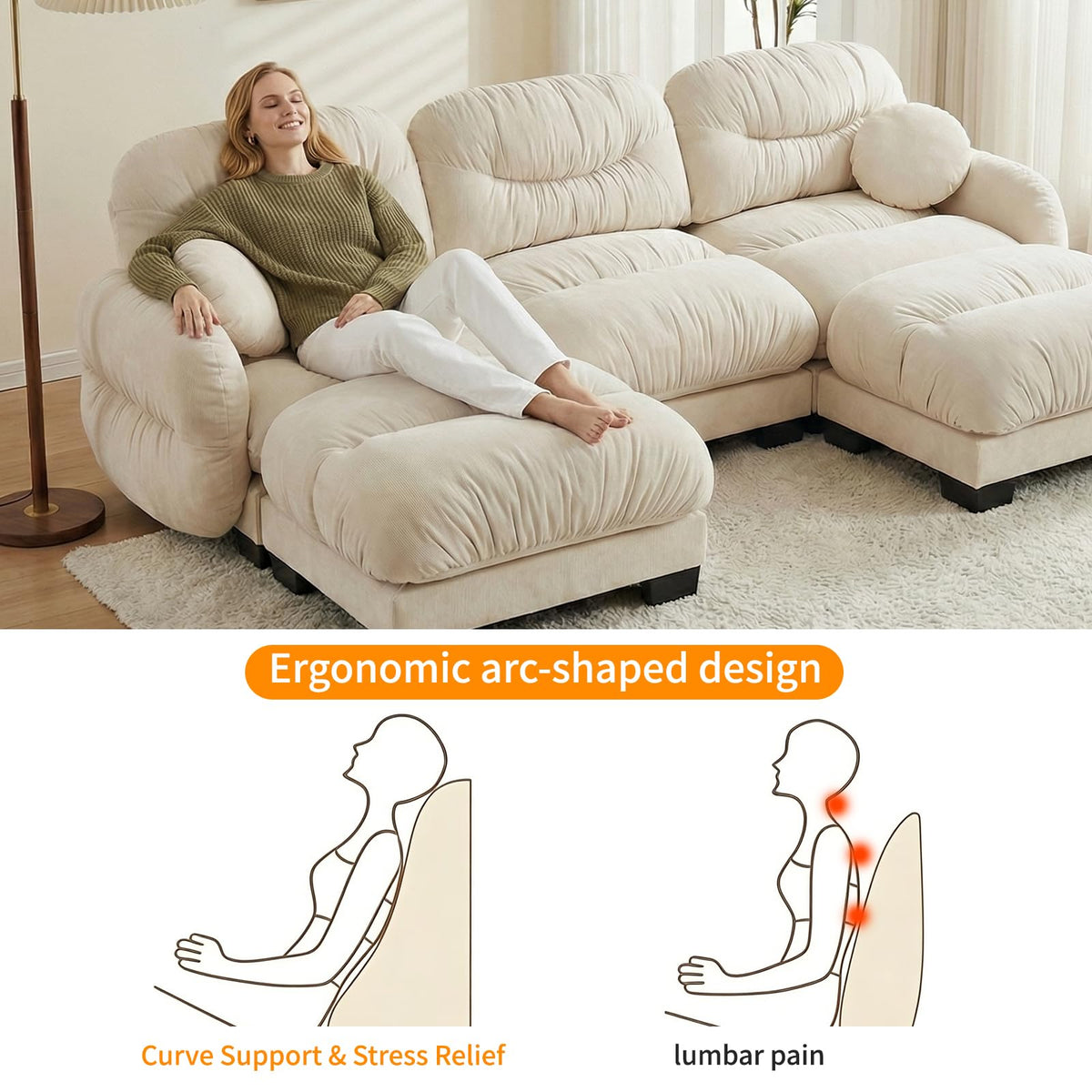 116" U Sectional Couches for Living Room, 3 Seater Modular Couch with 2 Ottoman, Cloud Sofa with Soft Chenille Fabric, High-Density Foam Cushion, Living Room Furniture, Beige
