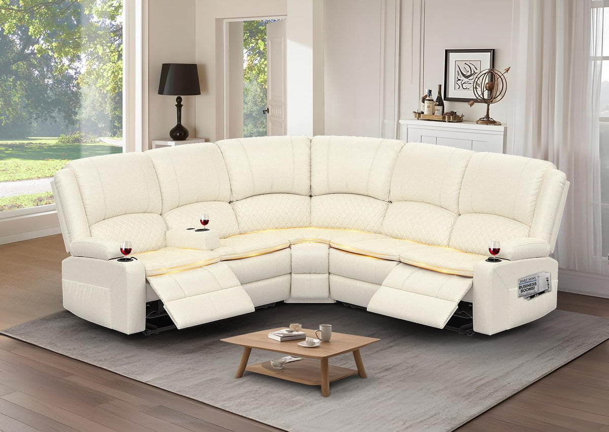 Upgraded 5 Seater Reclining Sofa Set, Modern Living Room Couch (Pu,White)