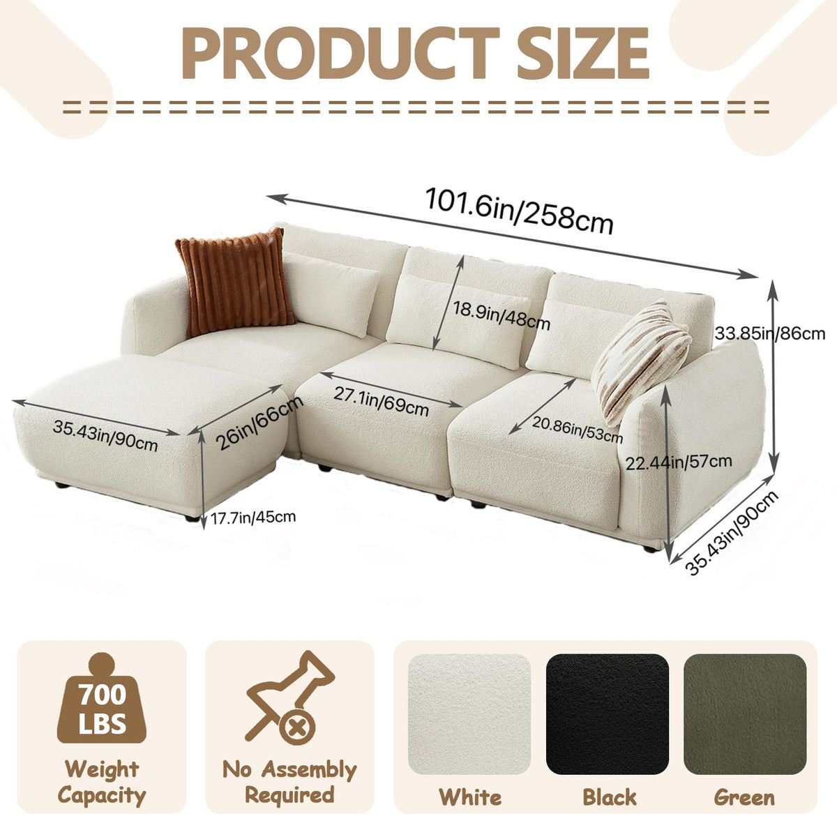 102" Modular Sectional Sofa,L-Shaped Couches with Movable Chaise,Cashmere Fabric Boneless Sofa with Deep Seat,Modern 4 Seat Cloud Sectional Couch for Living Room Office Home (Beige)