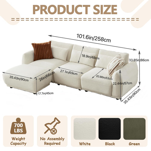 102" Modular Sectional Sofa,L-Shaped Couches with Movable Chaise,Cashmere Fabric Boneless Sofa with Deep Seat,Modern 4 Seat Cloud Sectional Couch for Living Room Office Home (Beige)