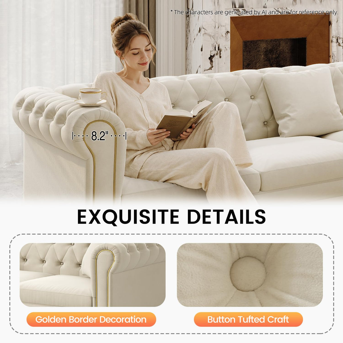 115.3" L-shaped Couch with Pull Out Sofa Bed, Velvet Couch Gold Trim, Beige