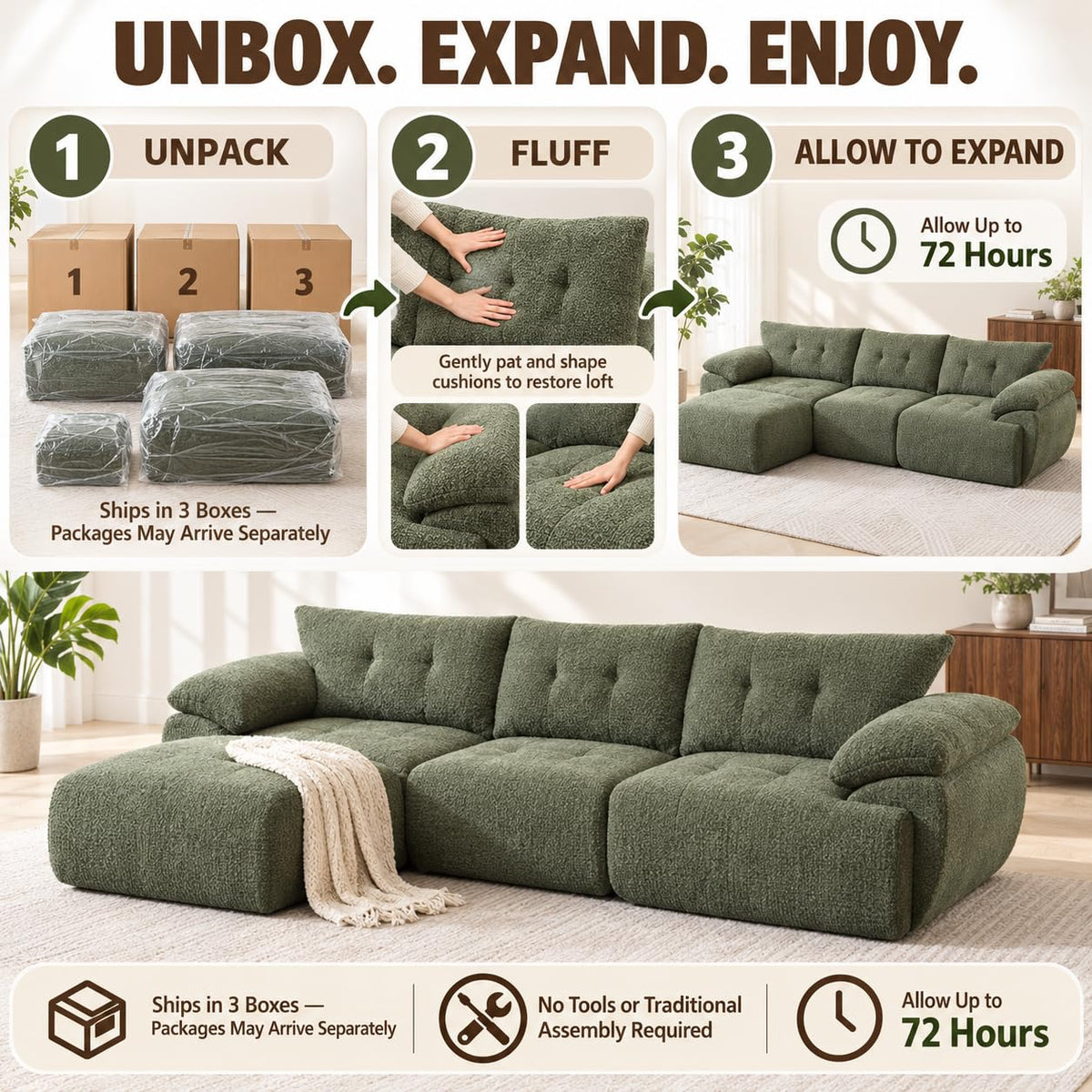 115" Boneless Modular Sectional Couch with Ottoman for Living Room