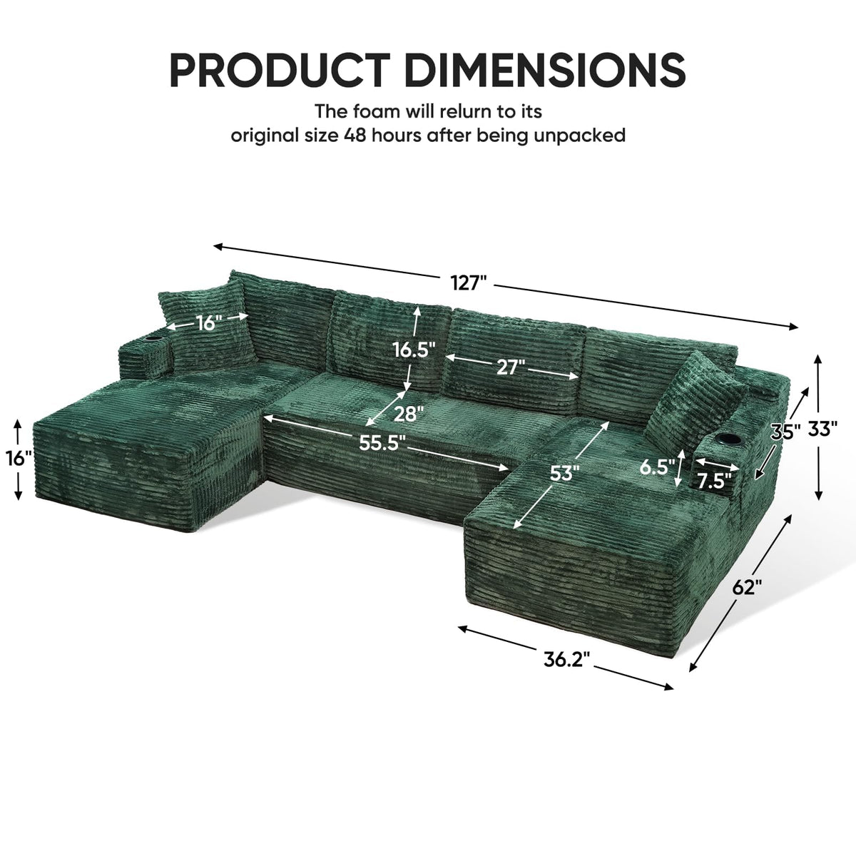 127" Cloud Couch Sectional U Shaped, Corduroy Modular Sofa with Chaise