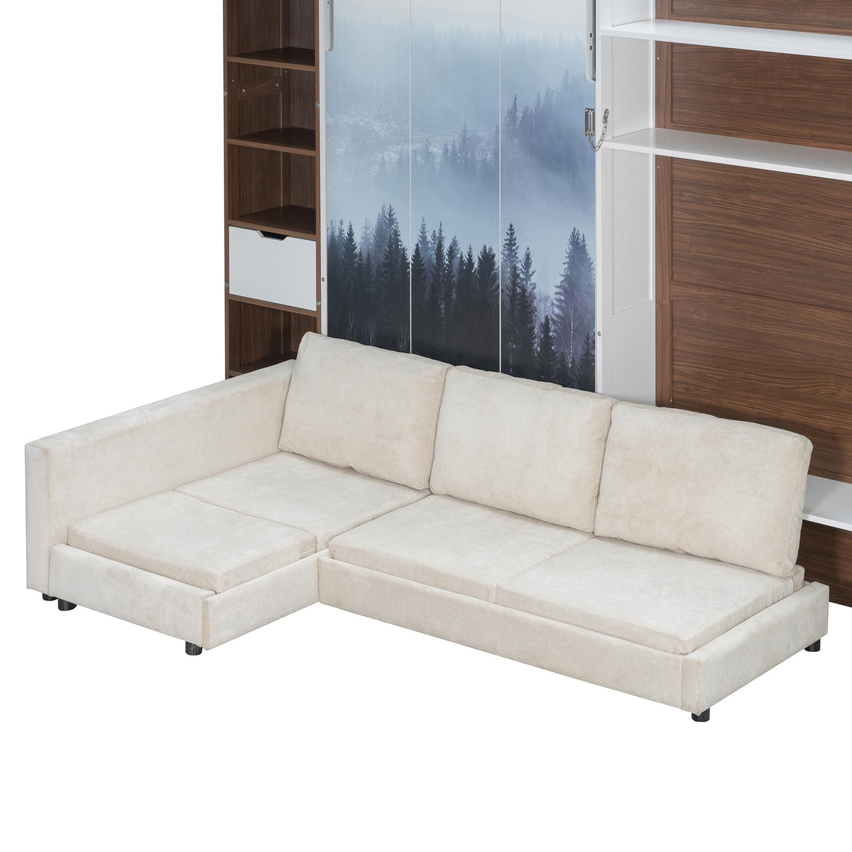Twin Size Murphy Bed with Open Shelving, Sofa Front and Printed Panel