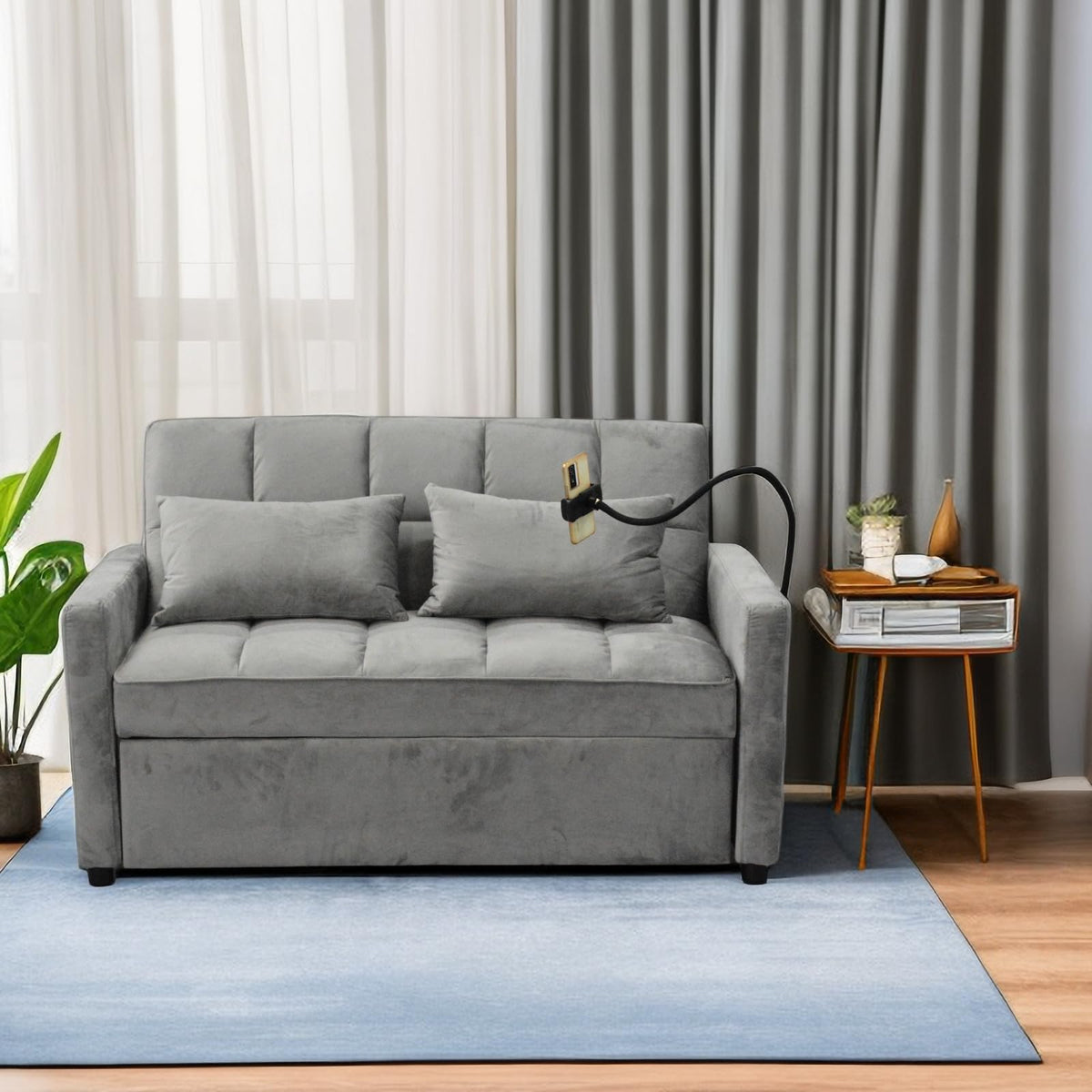 Velvet Loveseat Futon Sofa Couch Pullout Bed, 55.33" Love Seat Lounge Sofa Bed,Armrest with Three USB Ports, Two Side Pockets, Two Cup Holders and 360°Swivel Phone Holder for Living Room, Grey