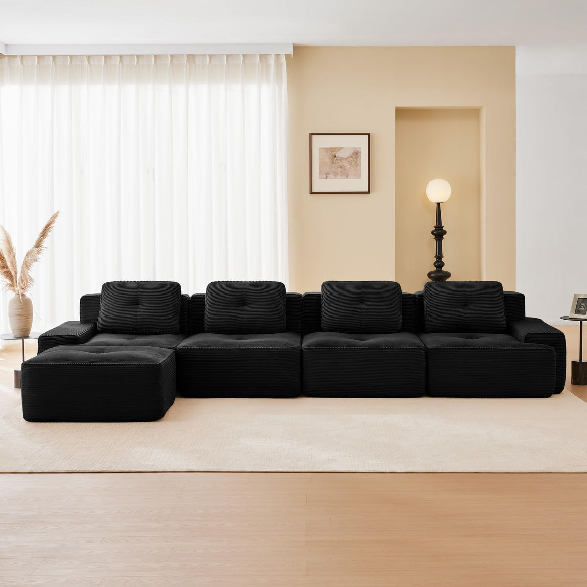 115.3” Camel Boneless Couches for Living Room, Modular Sectional Sofa with L-Shape Chaise, 3 Seater Comfy Upholstered Deep Seat Corduroy Fabric Cloud Couch No Assembly, Anti-Slip Design