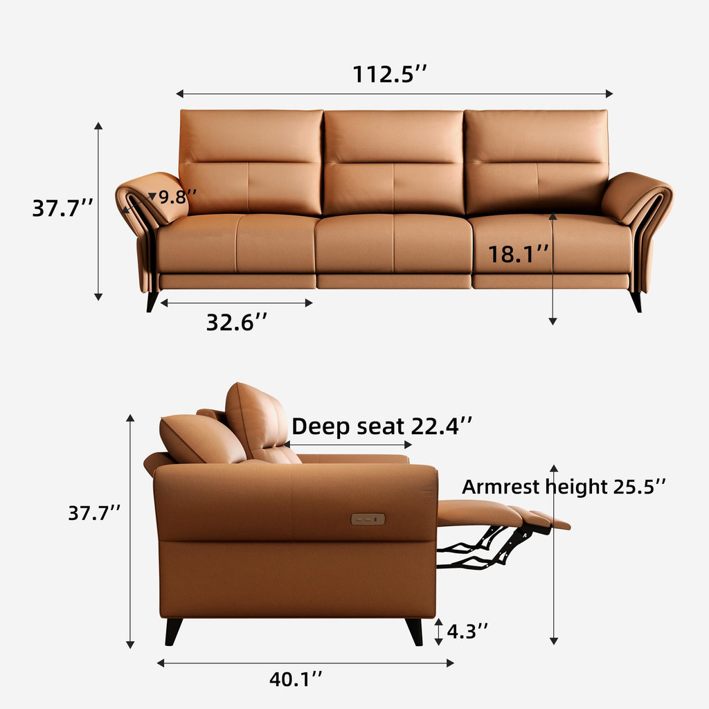 112.5" Orange Leather 3-Seat Power Recliner Sofa Dual Motor