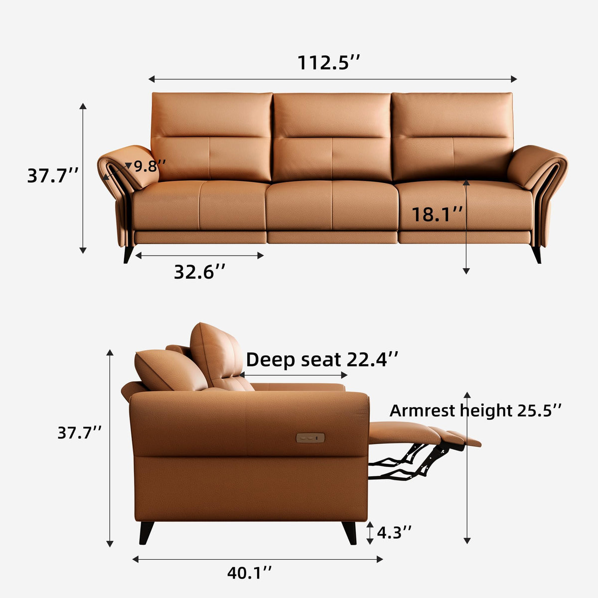 112.5" Orange Leather 3-Seat Power Recliner Sofa Dual Motor
