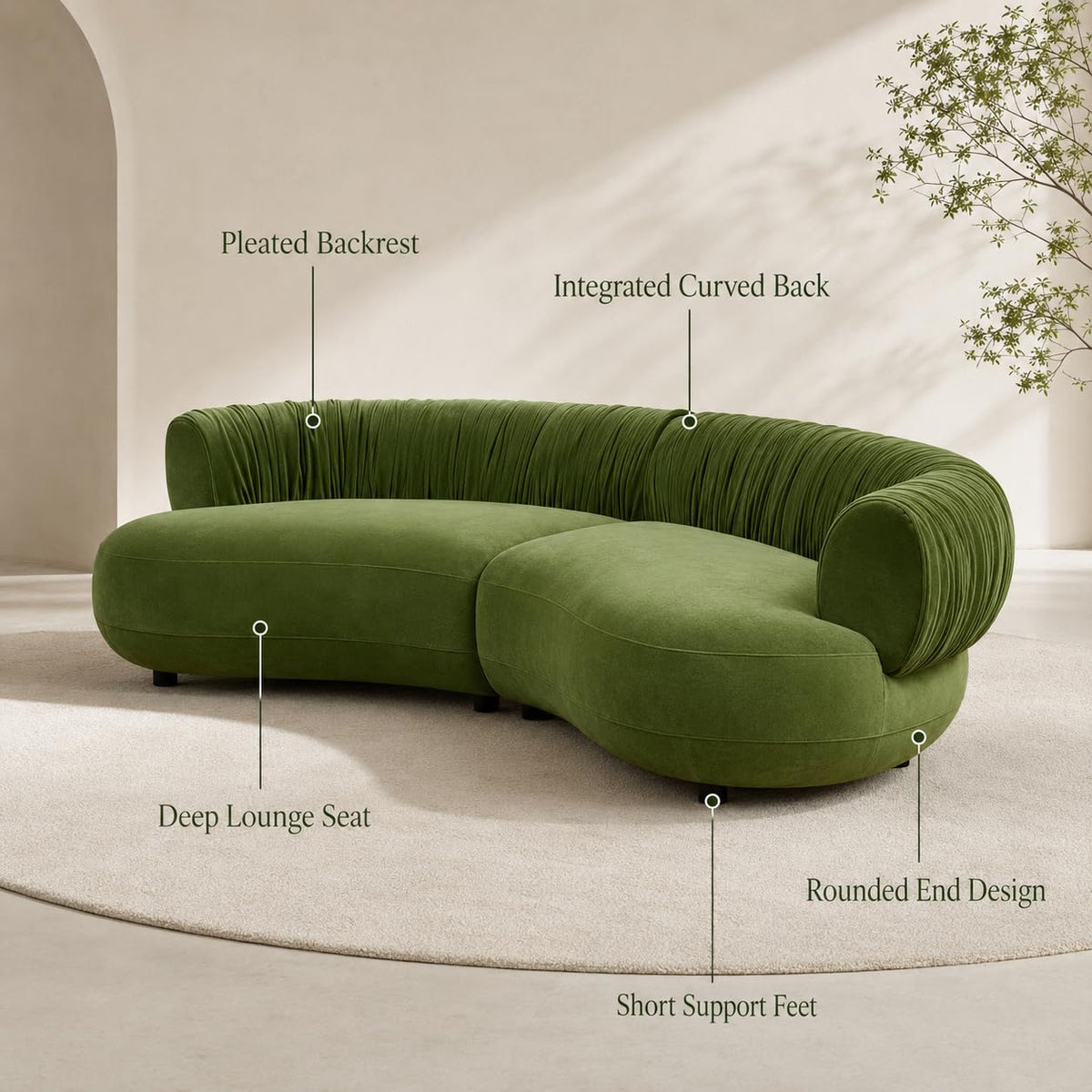 102" Curved Sectional Sofa, Green Velvet 4-Seater Couch, Living Room