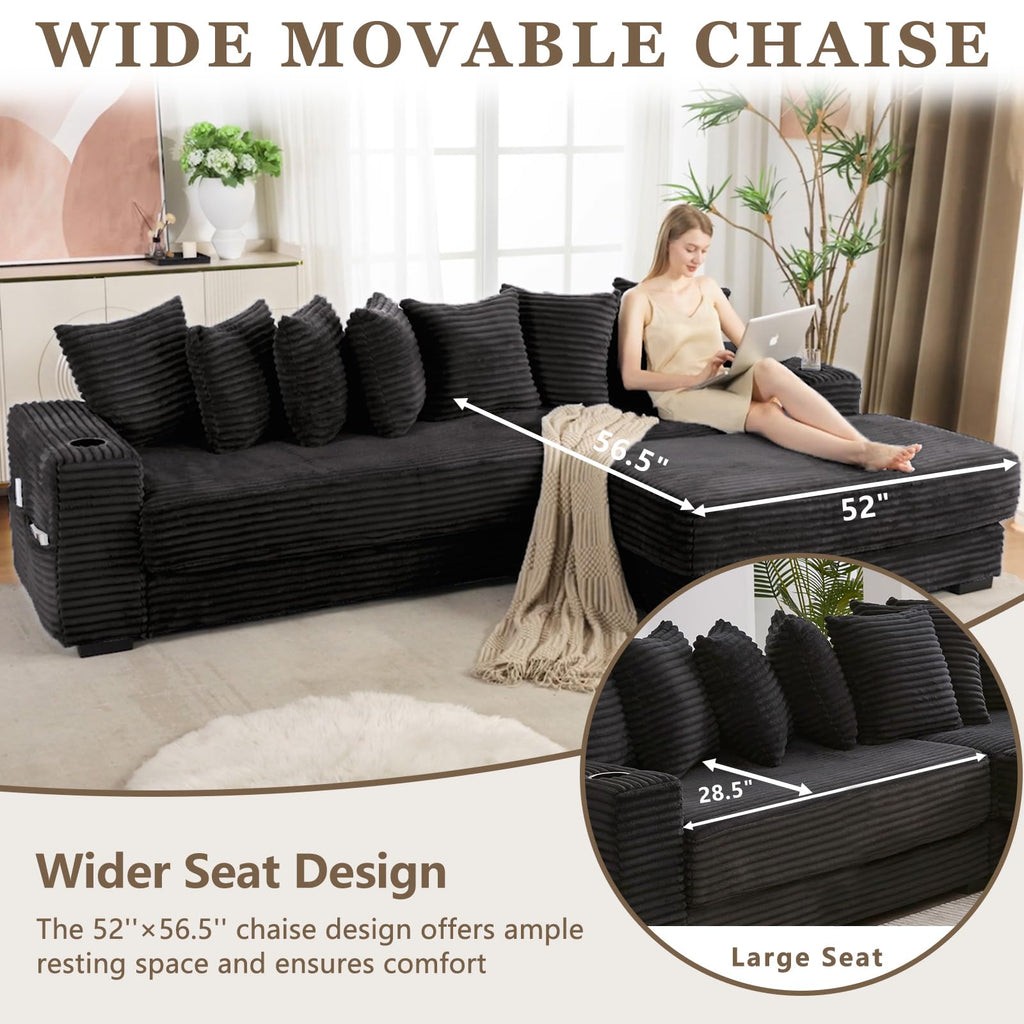 110.75'' Sleeper Sofa Bed King, Corduroy Modular Sectional Sofa, Black