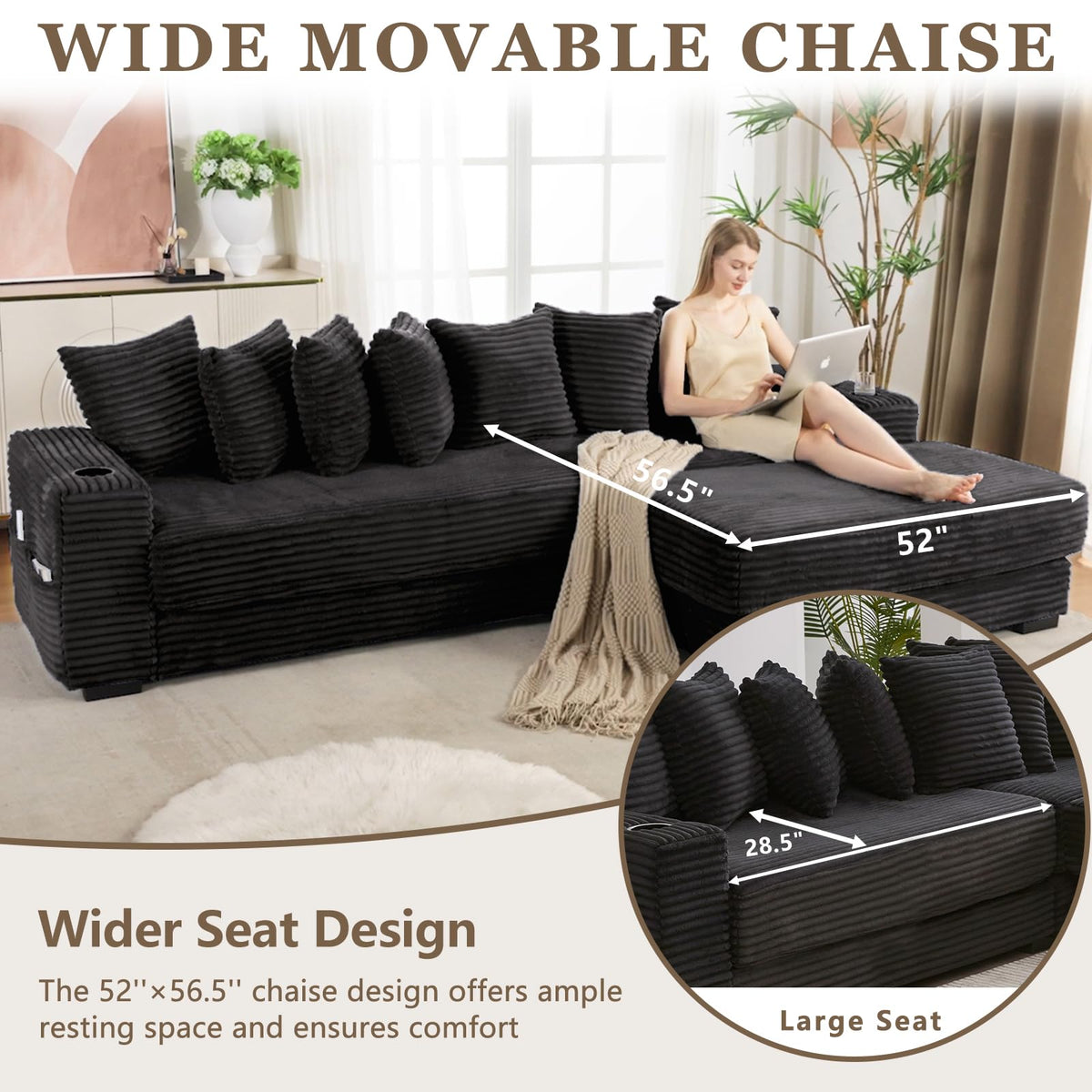 110.75'' Sleeper Sofa Bed King, Corduroy Modular Sectional Sofa, Black