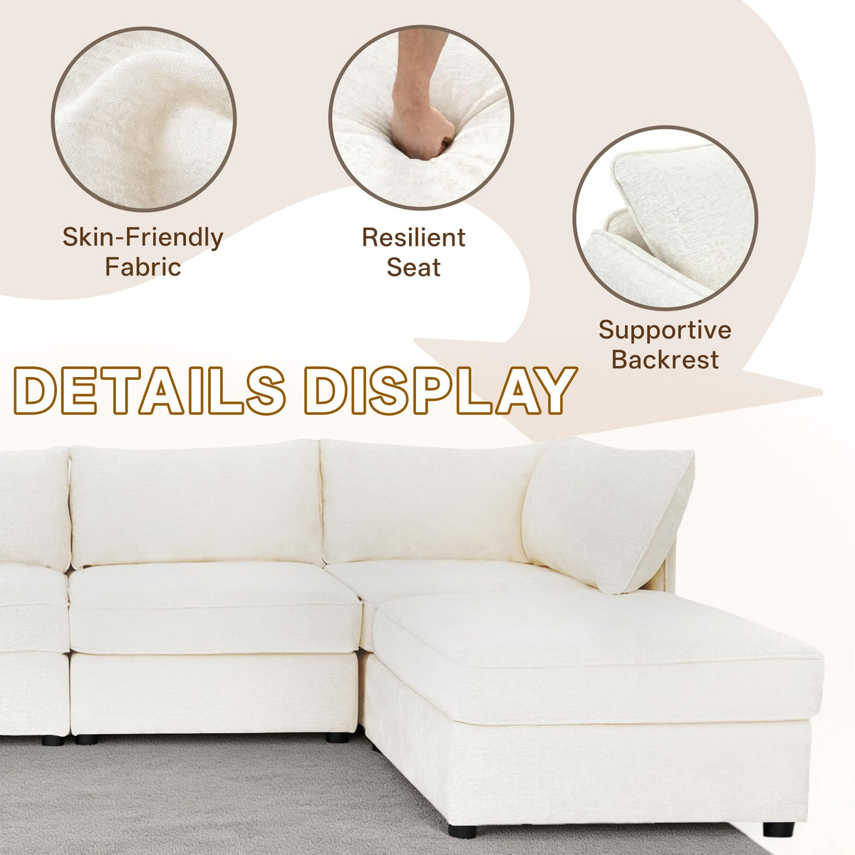 125" Chenille Modular Sectional Sofa Bed Hidden Storage, Convertible L U Shaped Sleeper Couch, 8 Seat Modern Modular Sectional Sofa with Removable Covers & Ottoman Chaise, for Living Room, Beige