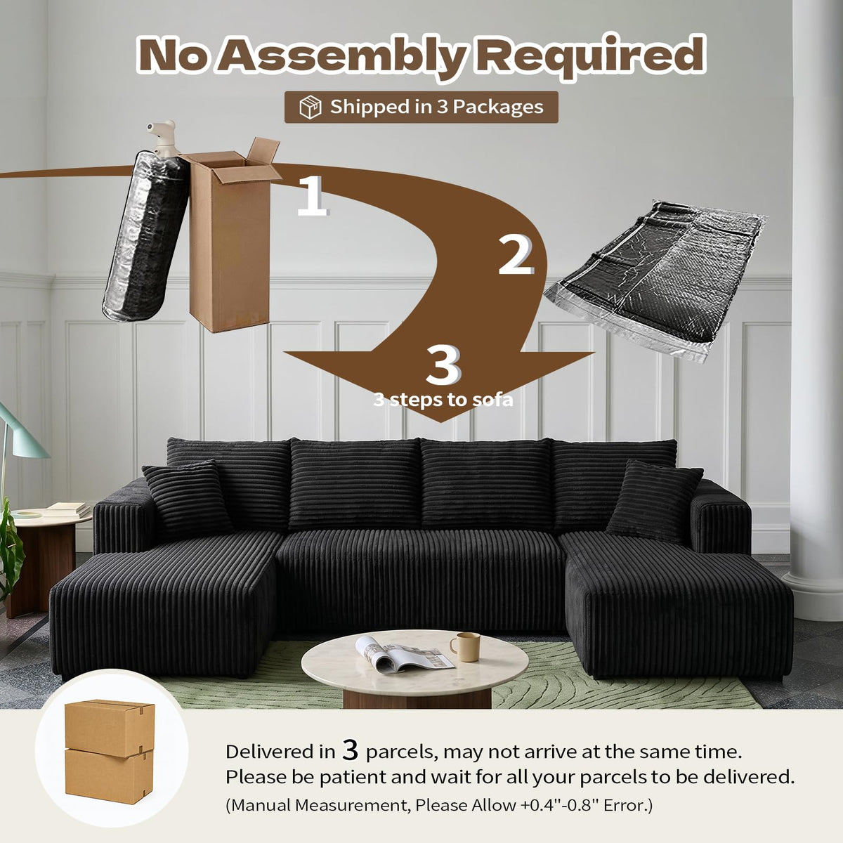 132" U-Shaped Cloud Couch, 59" Deep Seat, No Assembly, Corduroy