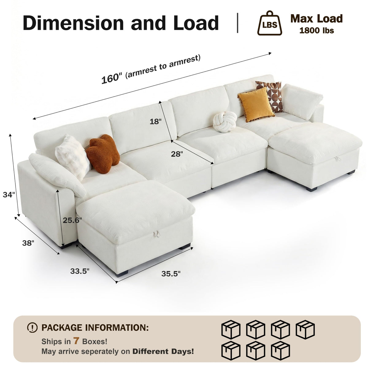 WEUP 160" Oversized Cloud Modular Sectional Sofa for Living Room, U Shaped Cloud Couch with Storage Ottoman, Down-Filled Wide Deep Seat, Solid Wood Frame, Tool Free Assembly, Beige