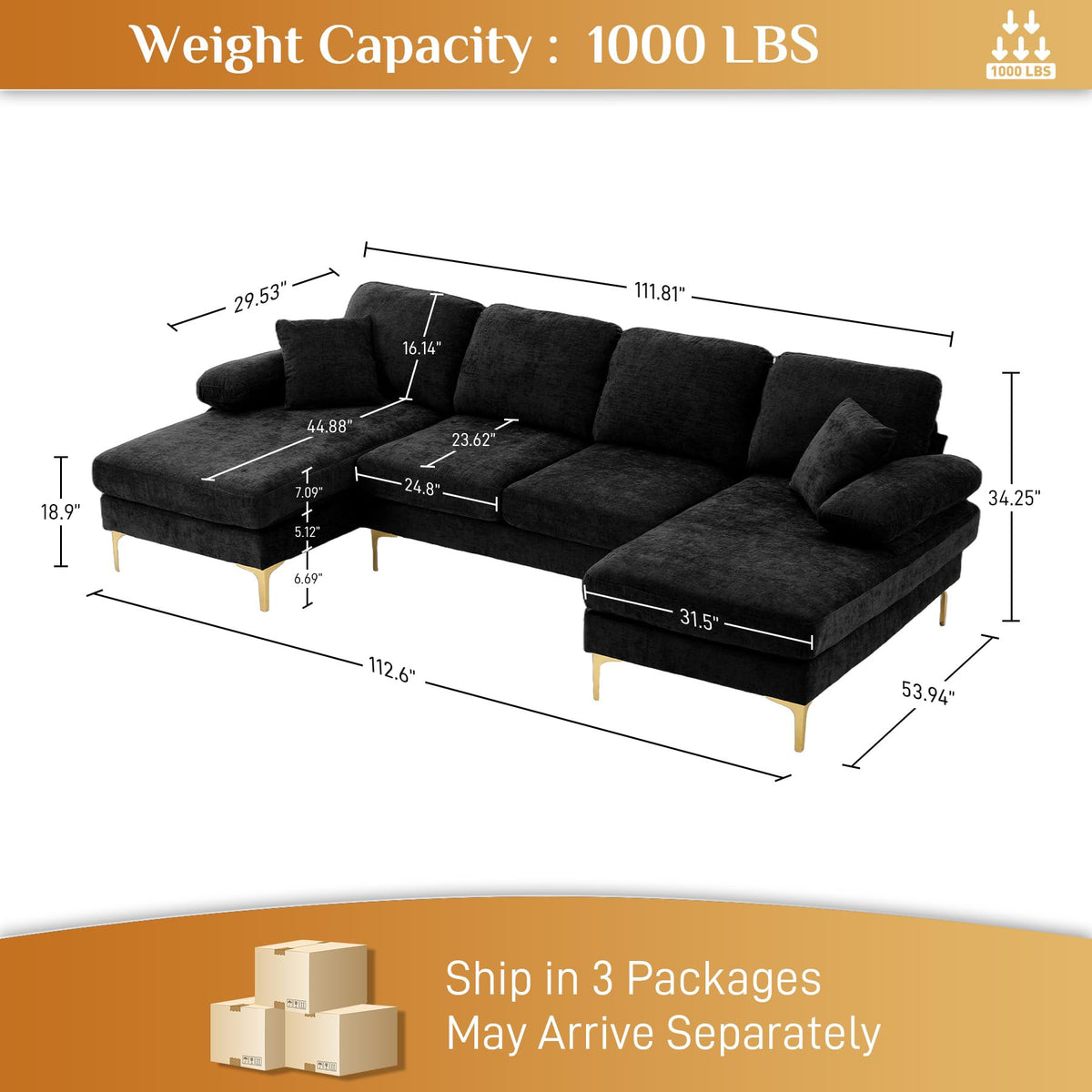 Wrofly U Shaped Couches for Living Room, Convertible L Shaped Couch with Double Chaise Lounge, Modern Comfy Oversized 4 Seater Couches for Living Room Set, Black