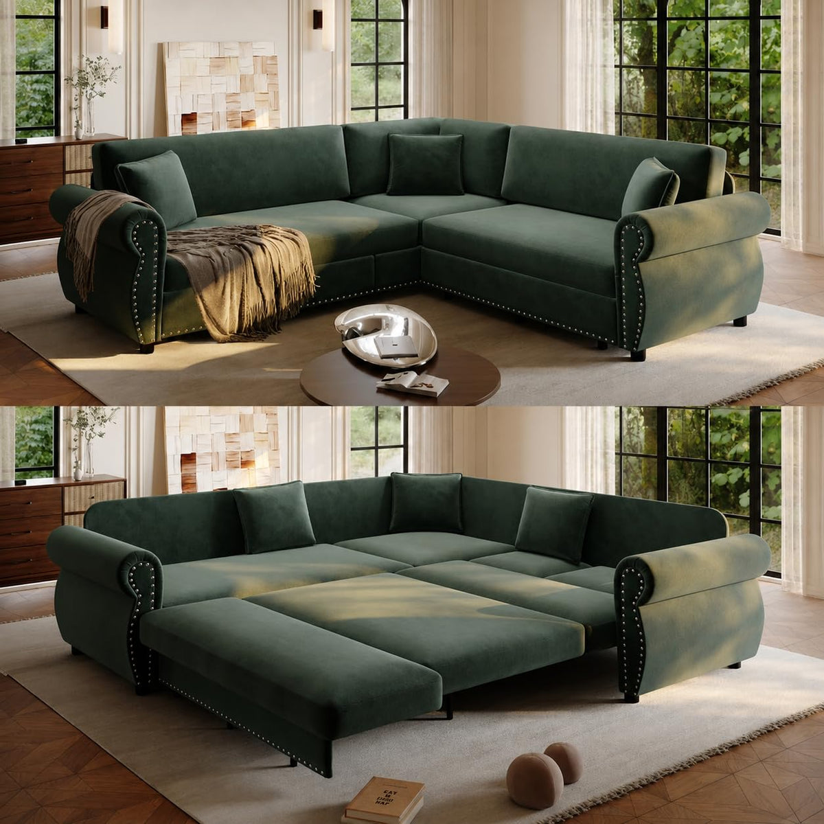 118" Sectional Sleeper Sofa with Pull Out Bed Chenille 6 Seater Couch