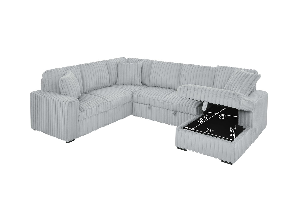 122 Inch Pull Out Couch, Rabbit Plush Fabric Sofa Bed with USB Ports, Oversized U Shape Sectional Sleeper Sofa Bed with Storage Chaise, Grey