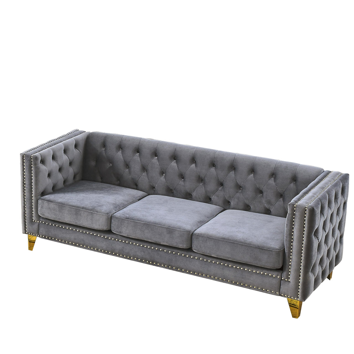 Velvet Sofa with Metal Legs, Modern Tufted Square Arm Couch in Grey, Upholstered Sofa for Living Room and Bedroom Decor