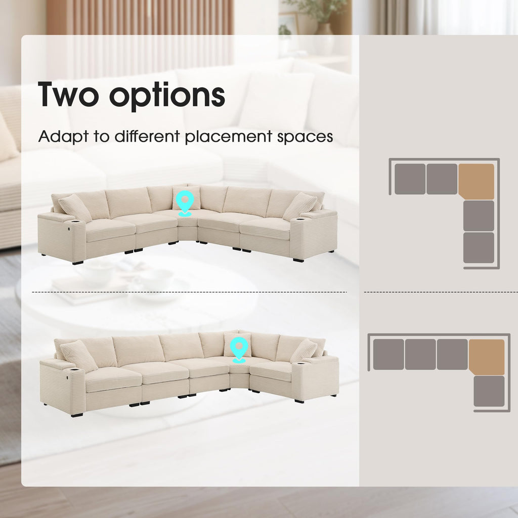 104" Convertible L-Shaped Sectional Sofa, Corduroy Corner Couch with Armrest Storage, Cup Holders, USB Charger, Irregular Corner, Oversized Comfy Modular Sofa for Living Room&Apartment，Beige