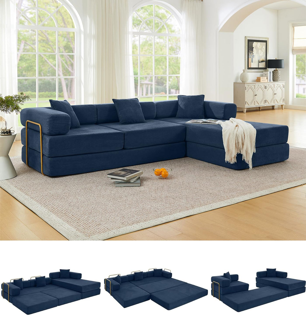 108" Convertible Folding Sofa Bed, L Shaped Modular Sectional Couchs with Fixed-Shape Frame, Corduroy Boneless Couch Bed, Cloud Mattress Sofa Sleeper Couch for Living Room (Beige, 108" W)