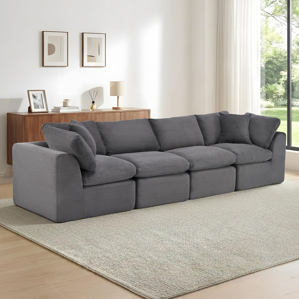 110" Beige Boneless Sectional Couch with Ottoman