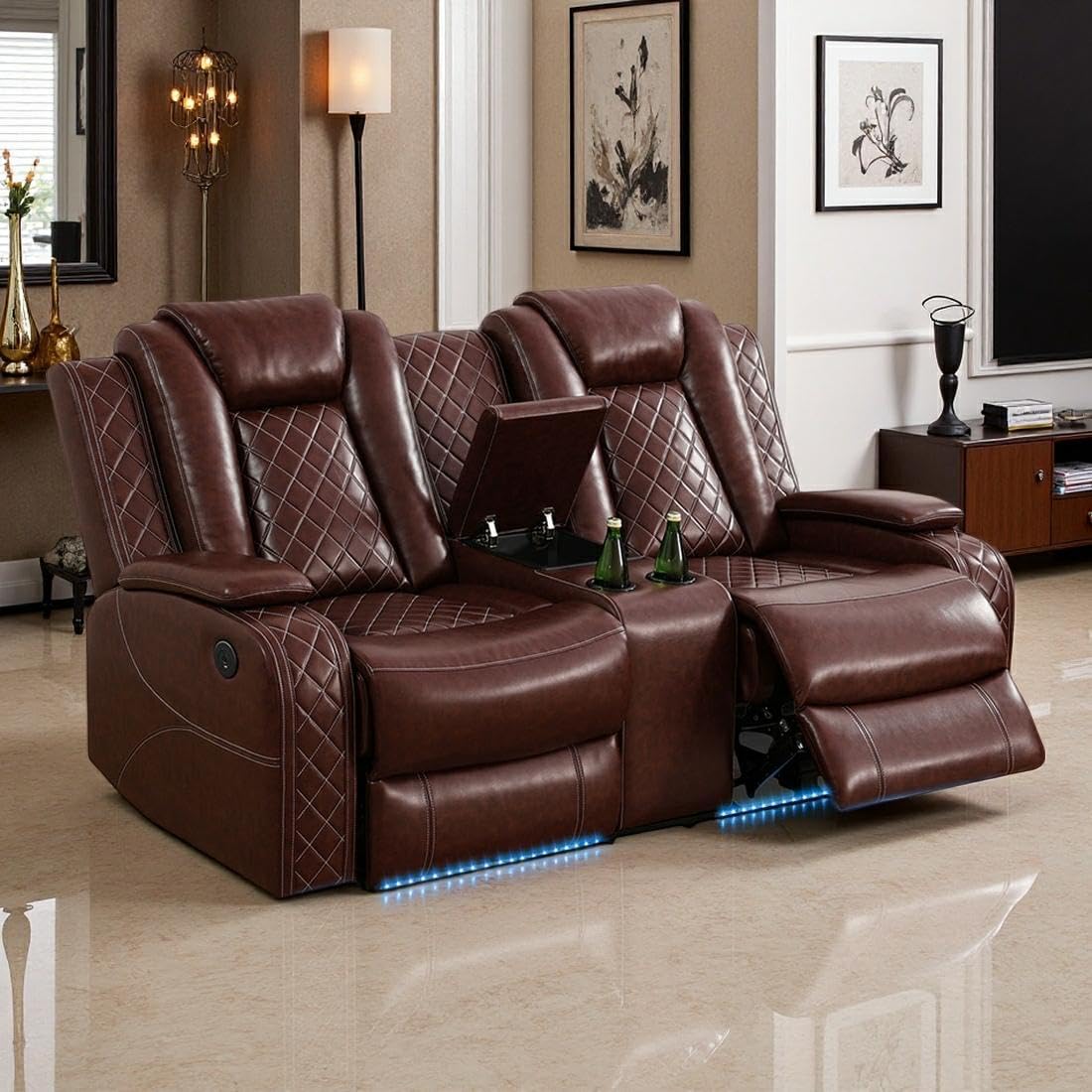 Power Recliner Sofa Set with LED Light, Black Leather Sectional Sofa and Chair Set, Living Room Furniture Sets, Modern Power Reclining Sets with Storage Console for House