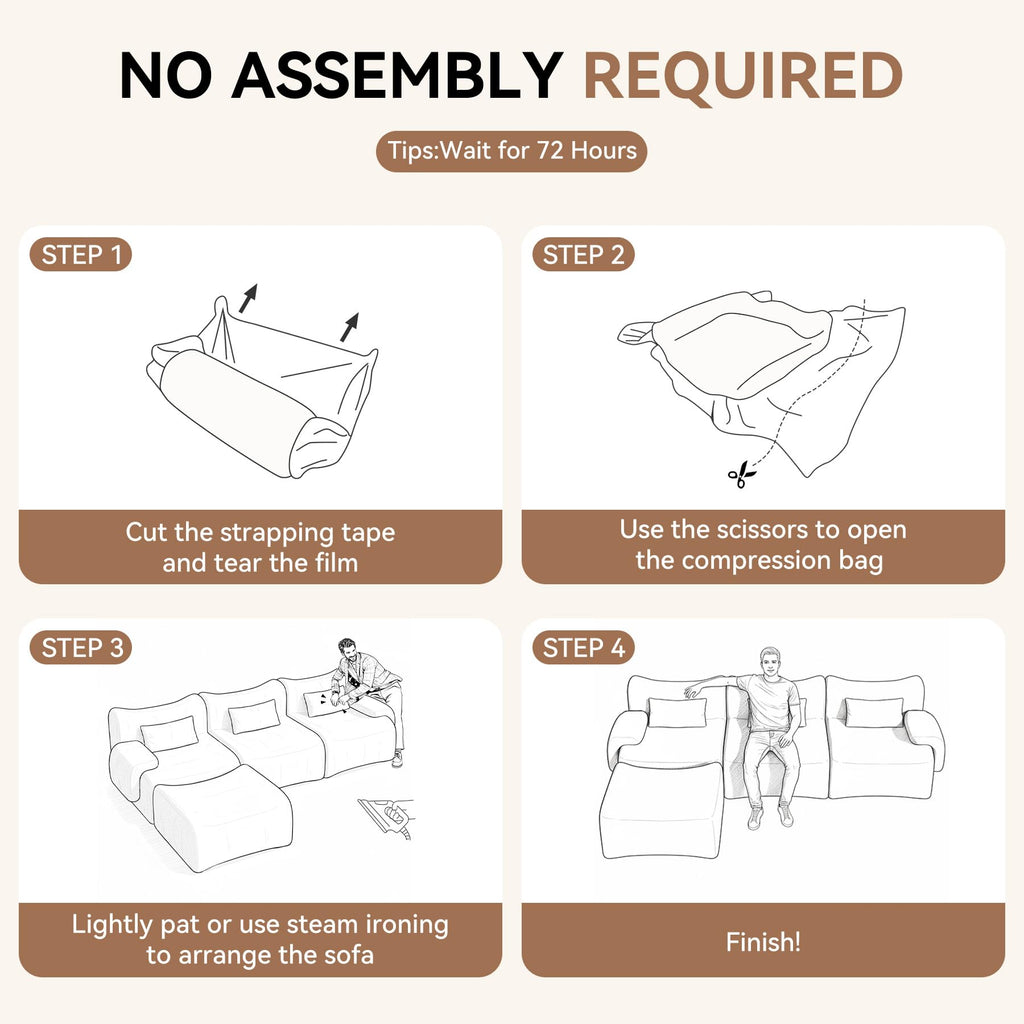 126" L Shaped Boneless Couch, 4-Seat Modular Sectional Sofa with Ottoman, Teddy Fleece Upholstery, Deep Seat Cloud Couch, No Assembly Required,Brown
