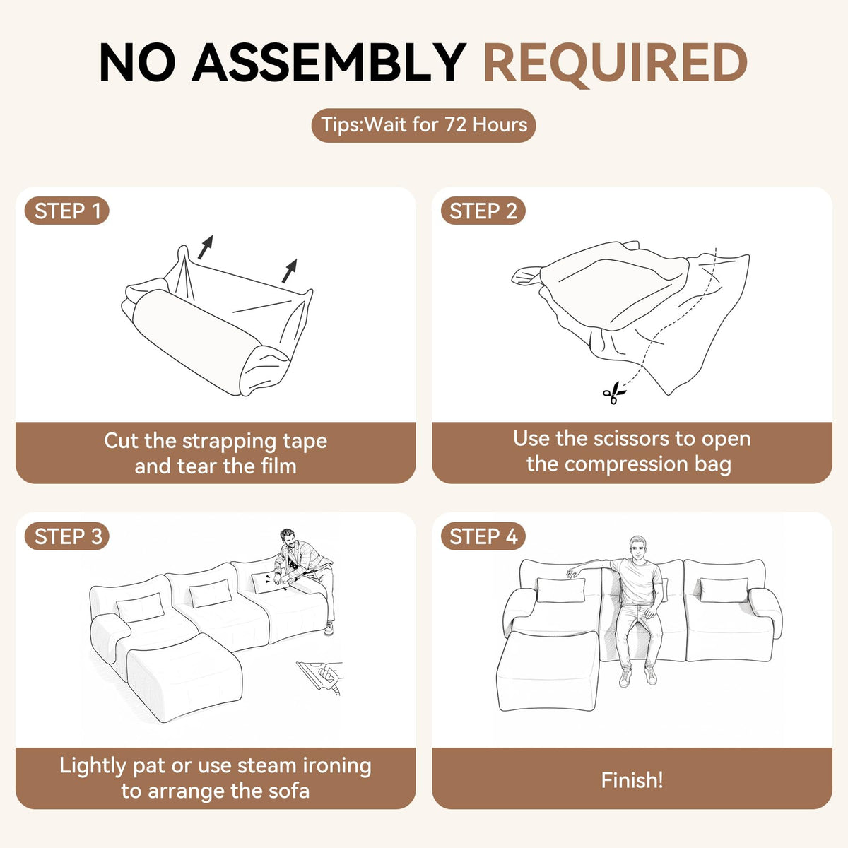 126" L Shaped Boneless Couch, 4-Seat Modular Sectional Sofa with Ottoman, Teddy Fleece Upholstery, Deep Seat Cloud Couch, No Assembly Required,Brown