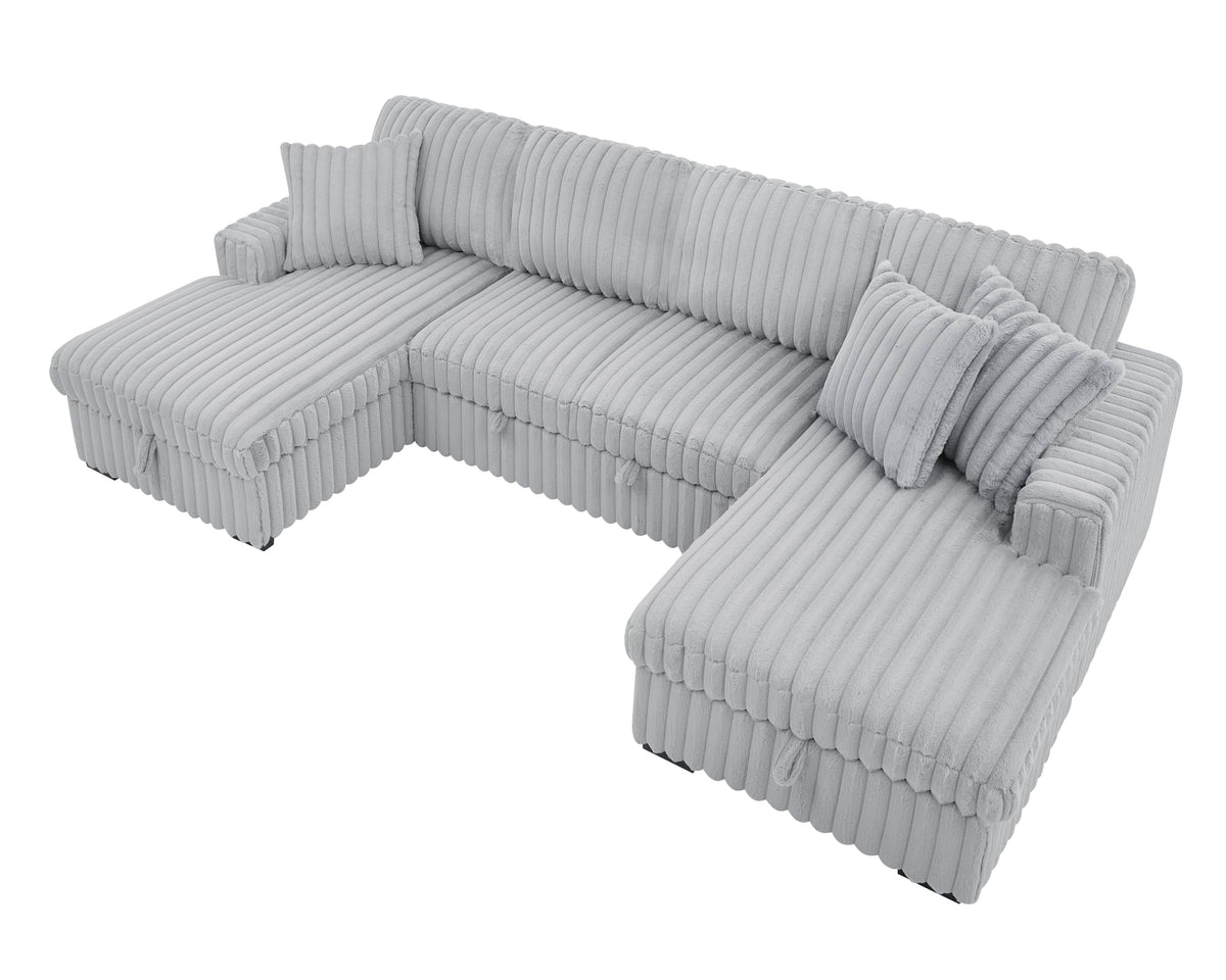 U Shaped Sectional Sleeper Sofa, 122 Inch Oversize with 2 in 1 Pull Out Bed and Double Storage Chaise, Rabbit Plush Corduroy Grey
