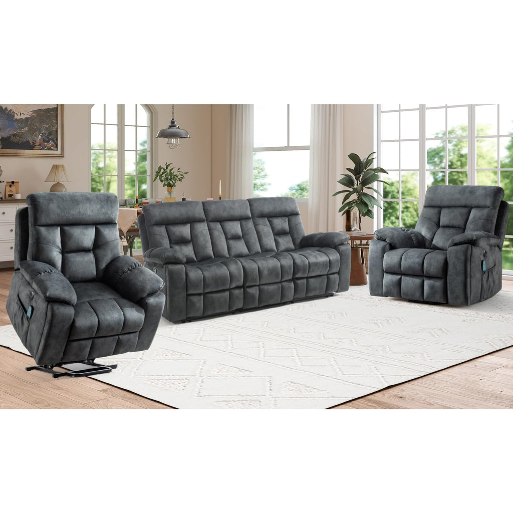 EBELLO 2 Piece Reclining Living Room Set, Soft Fabric Recliner Sofa Furniture Set, Included Power Lift Recliner Chair with Massage and Heat and 3 Seat Sofa, Dark Greenish-Grey