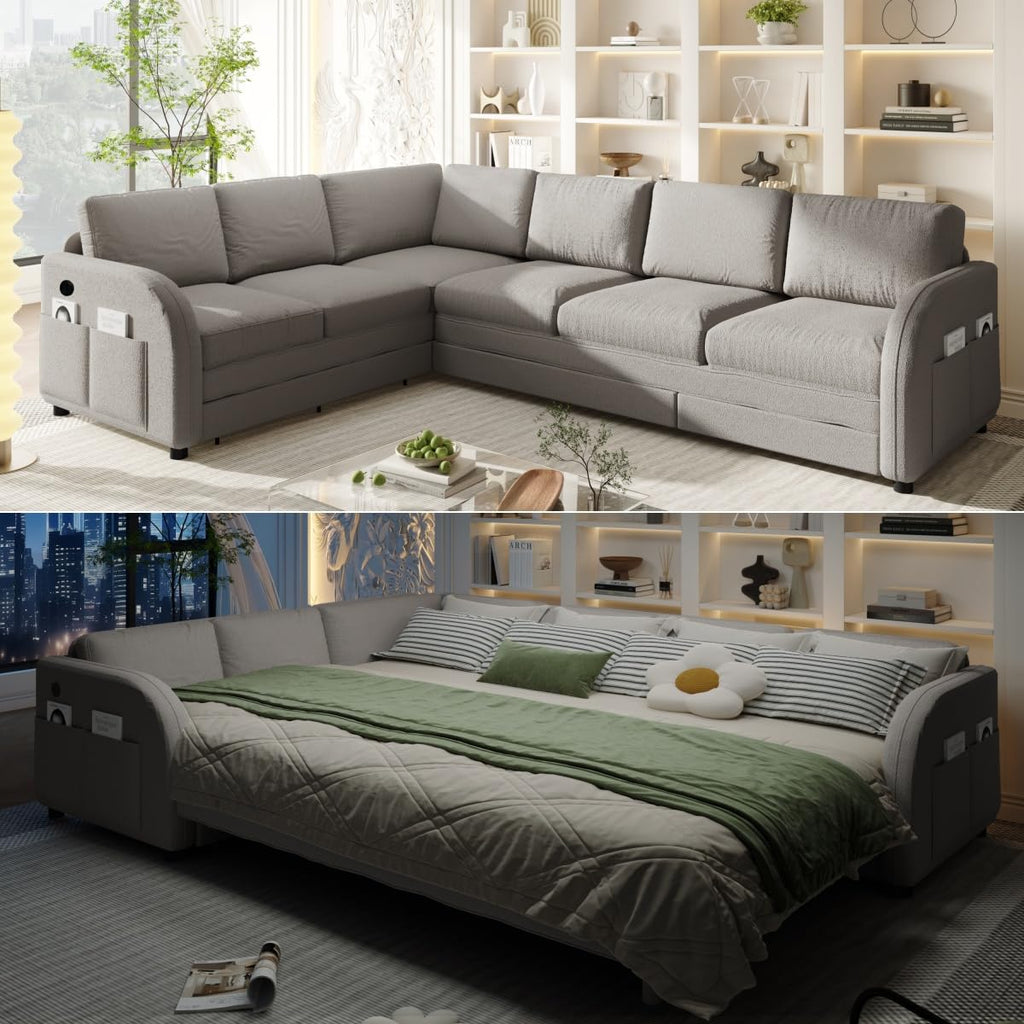 118" L-Shaped Sectional Sleeper Sofa Bed with Pull Out Couch, Dark Grey