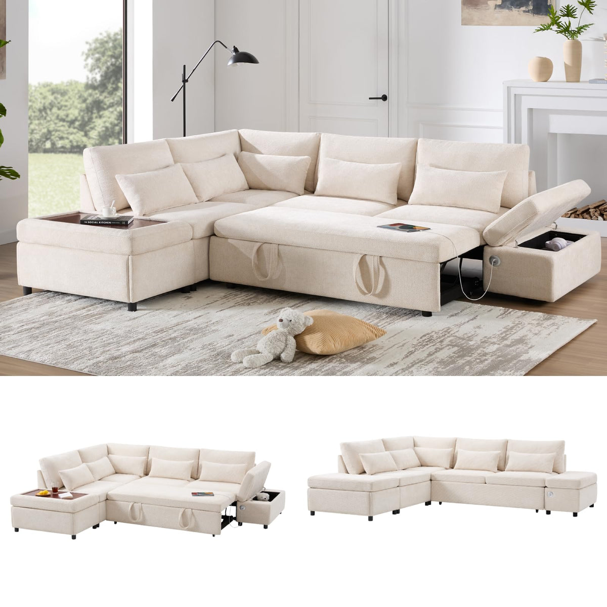 130" Cloud Couch Sectional, Boneless Couch, Corduroy Sofa for Living Room, U Shaped Modular Sofa with Chaise, No Assembly, 4 Seats Oversized, Black