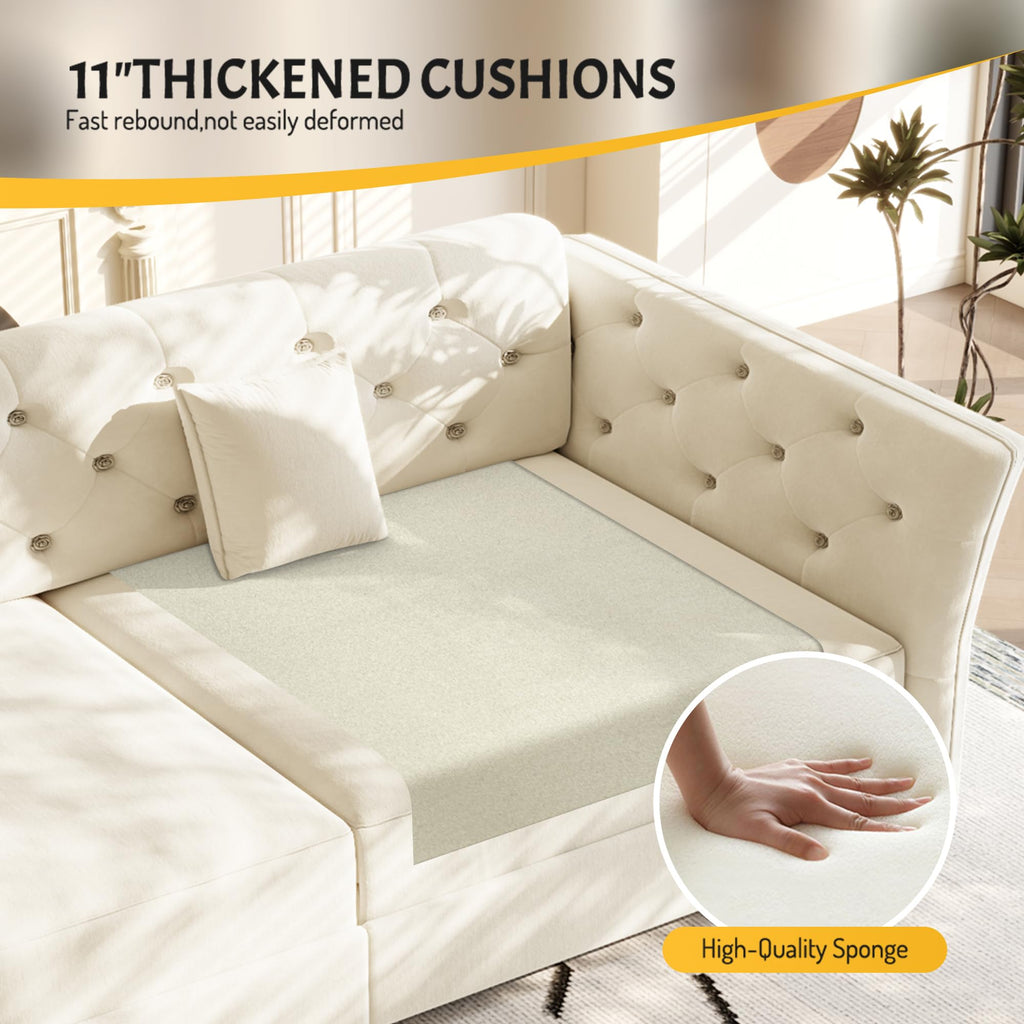100'' Sleeper Sofa Bed California King, Velvet Chesterfield Couch, Beige