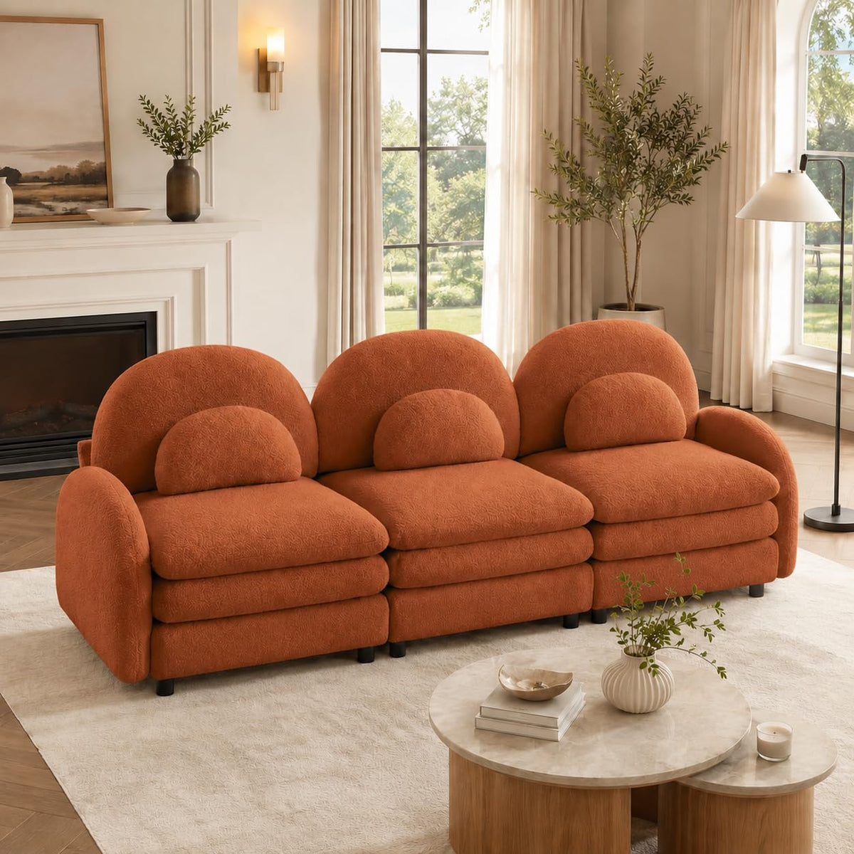 Teddy Fleece 3-Seat Modular Sofa with Curved Back and Double Cushions