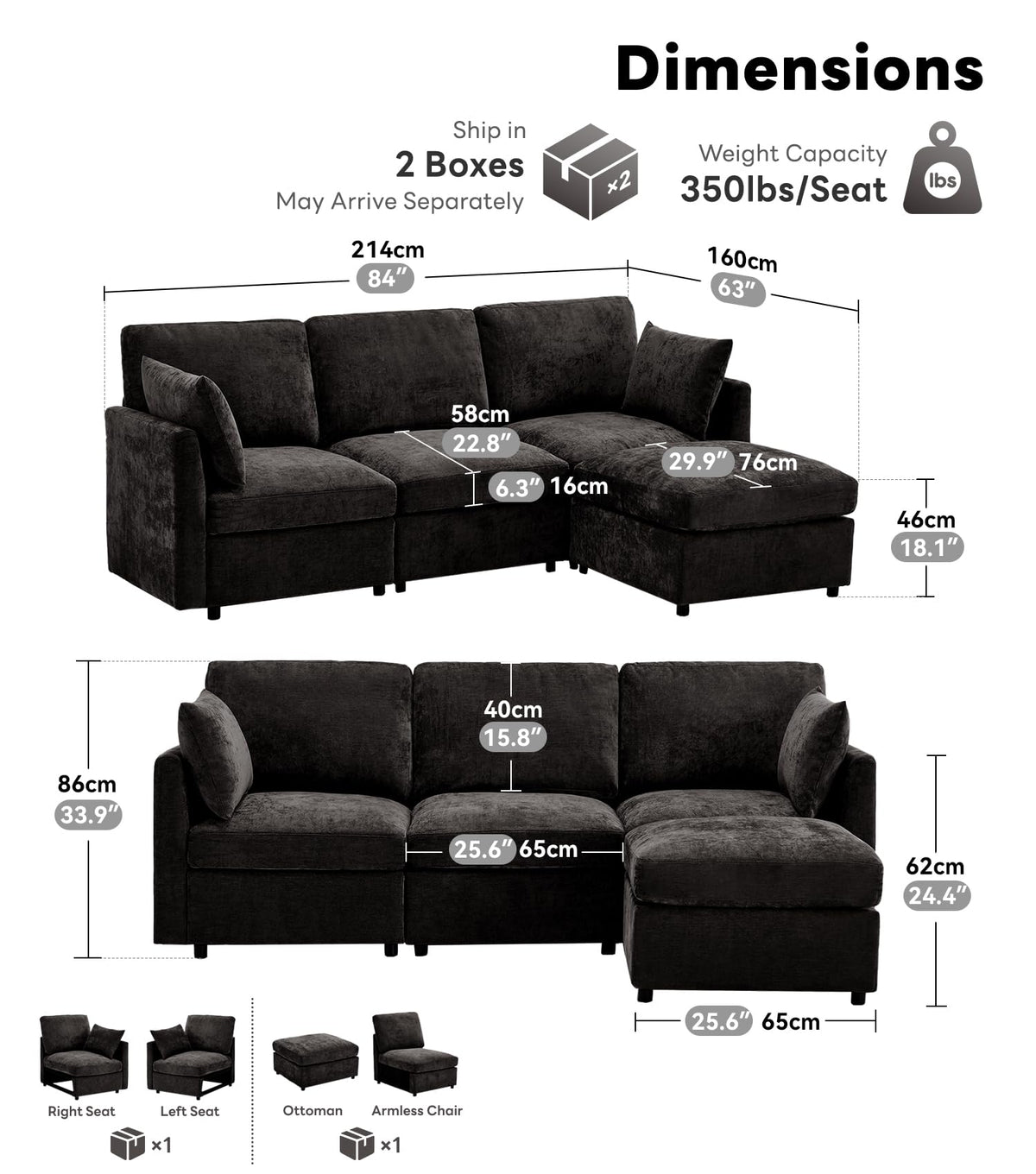 Tbfit 85" Convertible L Shaped Couch, Sectional Sofa for Living Room,Chenille Cloud Couch with Ottoman 4 Seat, Black
