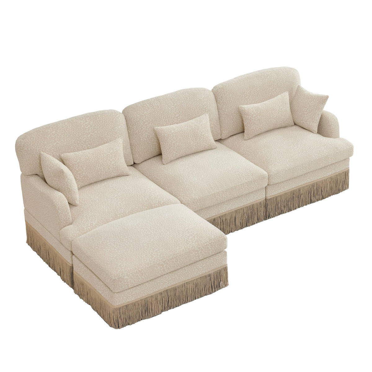 100" Leopard Print Chenille Modular Sectional Sofa with Tassels, L-Shaped Deep Seat Cloud Couch with Ottomans for Living Room, BGE-KHK