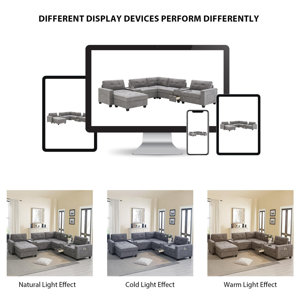 104'' Sectional Sofa with Acrylic Table Top,Chenille U Shaped Couch Set with 2 Consoles,USB Charger,Storage Drawers and Pockets,Movable Ottoman,Tufted Sofa for Living Room,Apartment, Gray
