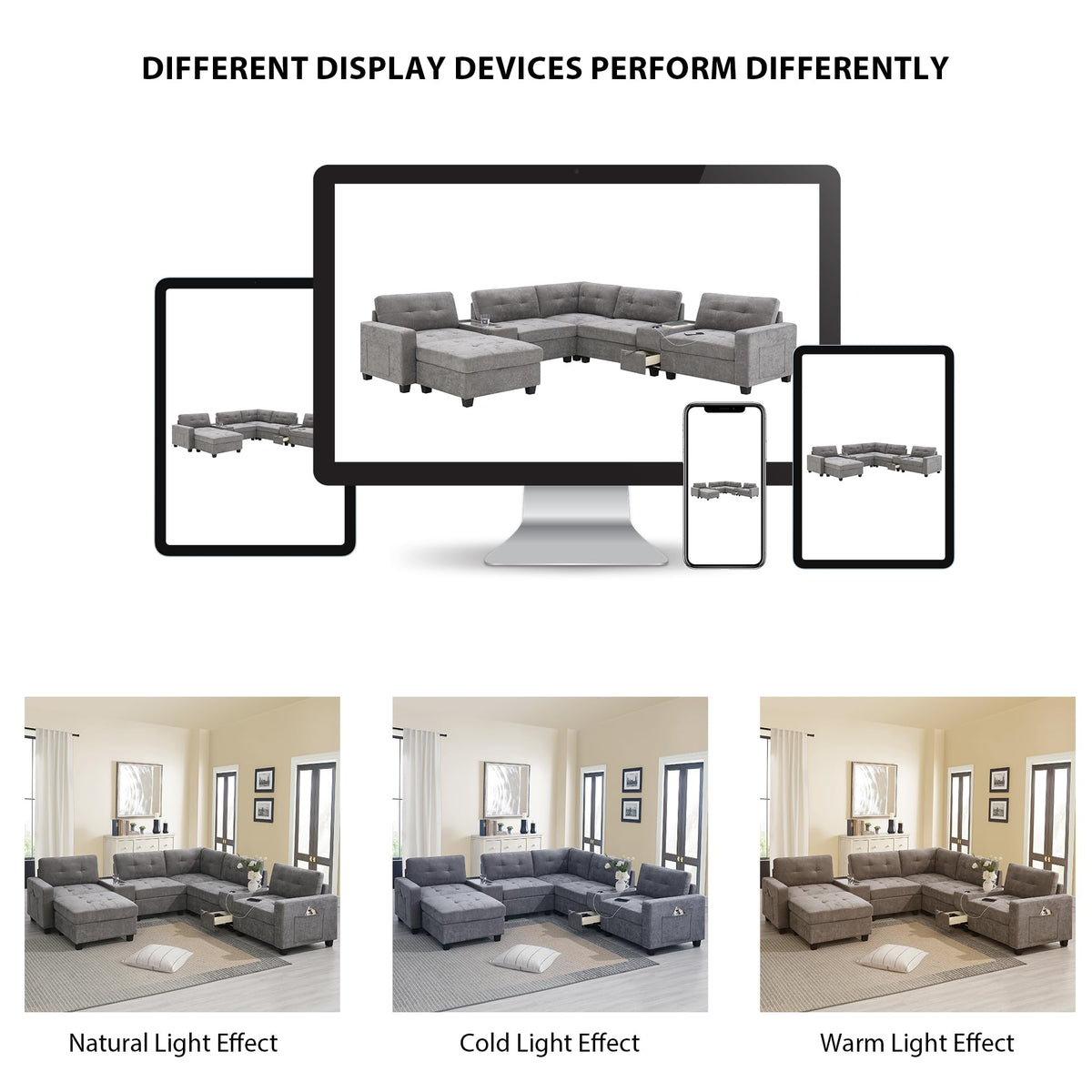 104'' Sectional Sofa with Acrylic Table Top,Chenille U Shaped Couch Set with 2 Consoles,USB Charger,Storage Drawers and Pockets,Movable Ottoman,Tufted Sofa for Living Room,Apartment, Gray