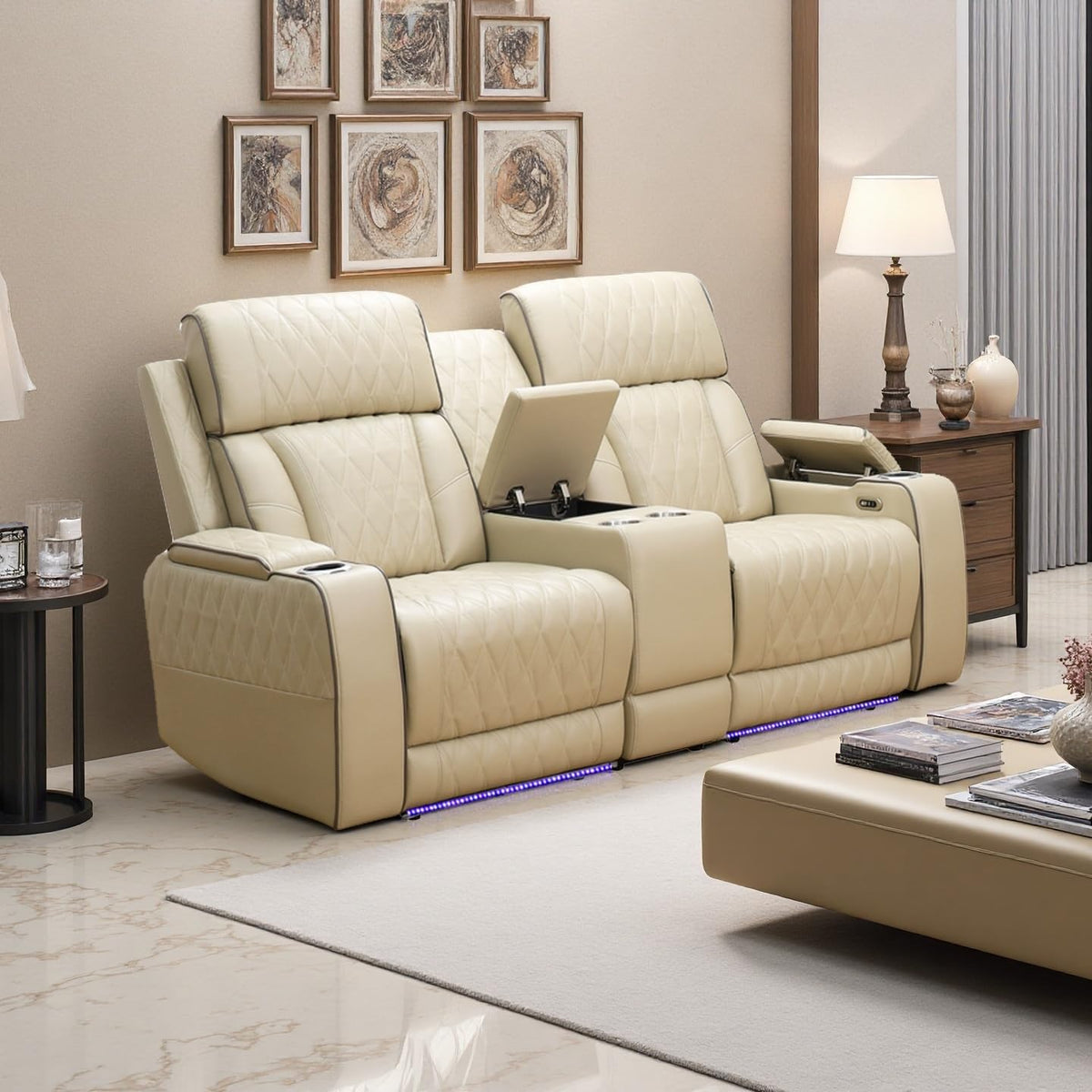 A Ainehome Power Leather Recliner Sofa Set with LED Lights, Recliner Sofa Sectional Couches for Living Room, Reclining Sofa, loveseat, Chair with USB Port/Storage Console/Cup Holder(black,3-piece set)