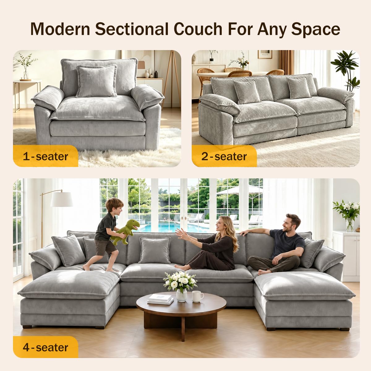 119" Cloud Couch Sectional, L Shaped Modular Sectional Sofa for Living Room, 3 Seater Sofa with 3 Removable Washable Pillows and 1 Ottoman, Light Gray