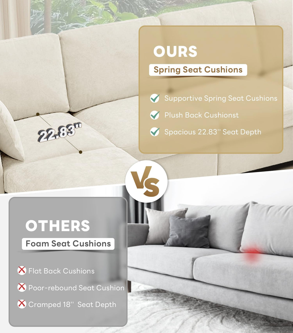 Tbfit U Shaped Couch, Sectional Sofa for Living Room,Chenille Cloud Couch with Ottoman 6 Seat, Beige