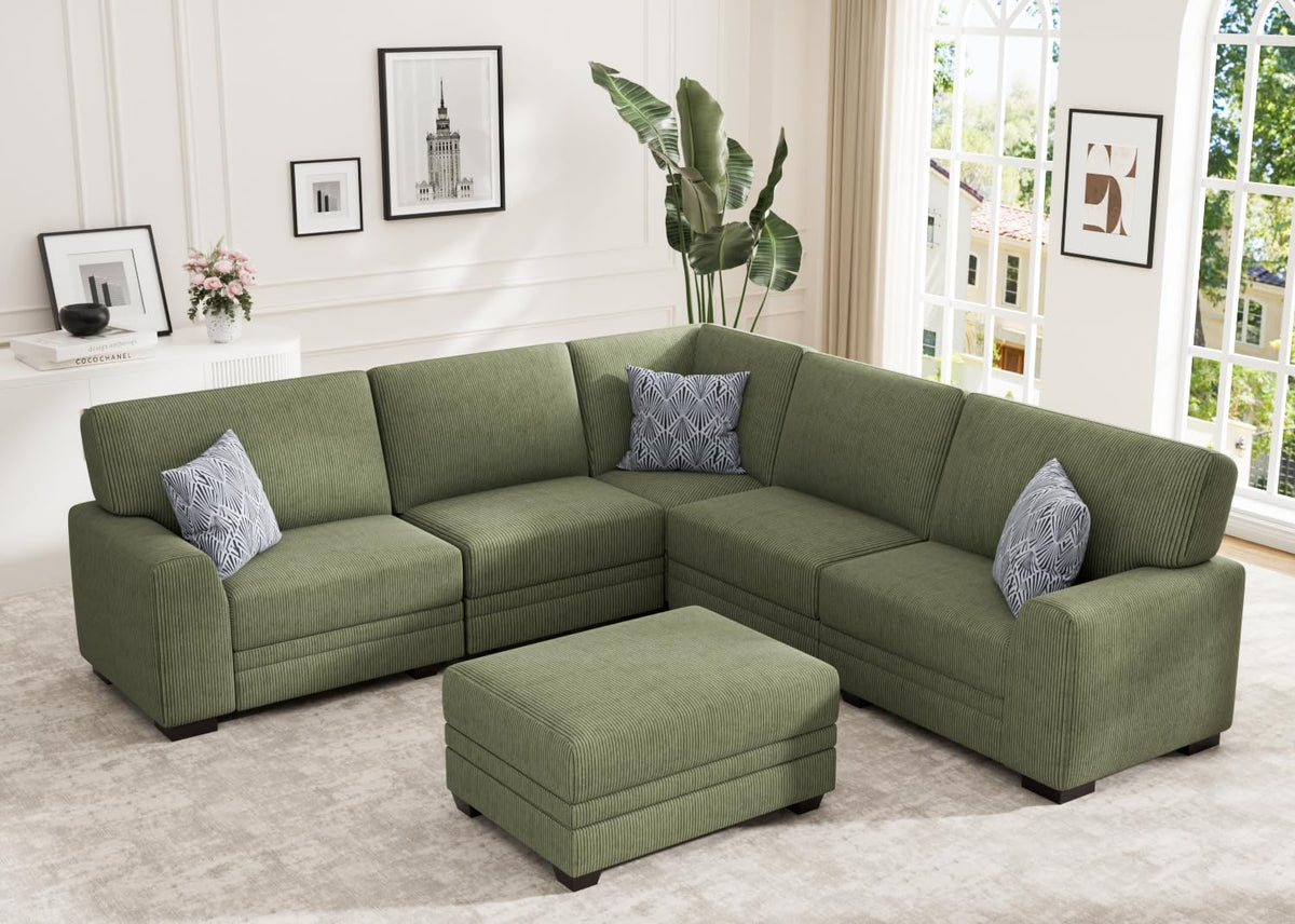 Wanderwell Oversized Modular Sectional Sofa, 6-Seater U Shaped Couches with Movable Ottoman,Corduroy Sectional Couch with Wide and Deep Seats Suitable for Living Room,Bedroom,Apartment (Olive, L-7)