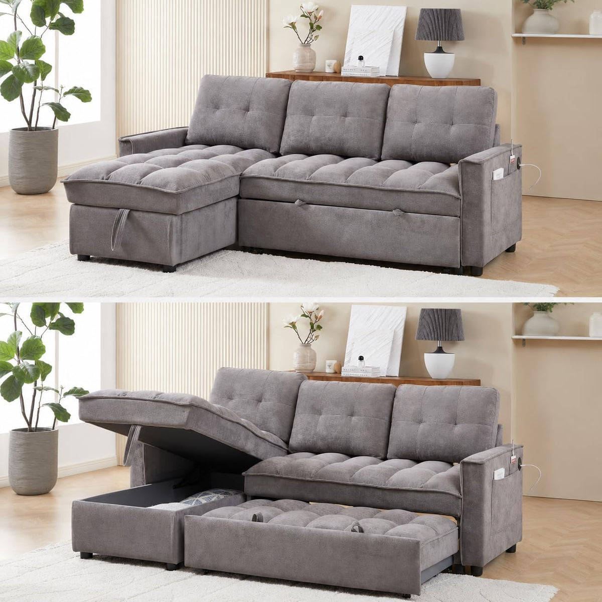 100" Modular Sectional Sleeper Sofa with Pull Out Bed/Side Table/USB Charging/Storage Chaise, Comfy Convertible Cloud Couch, U Shaped 7 Seat Corduroy Sofa with Cup Holders,Green
